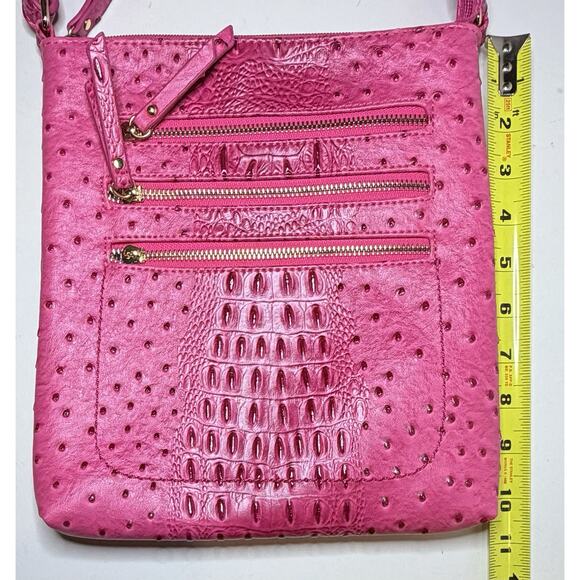 Ostrich Embossed Messenger Bag With Multi Front-Zipped Crossbody Pink - Picture 9 of 9